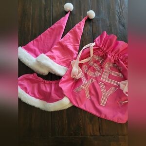 RARE Vintage Early 2000s Pink Santa Hats and Skirt Set with Santa Bling BAG.
